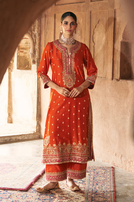 SOBIA - BURNT ORANGE LONG KURTA WITH PALAZZO AND DUPATTA