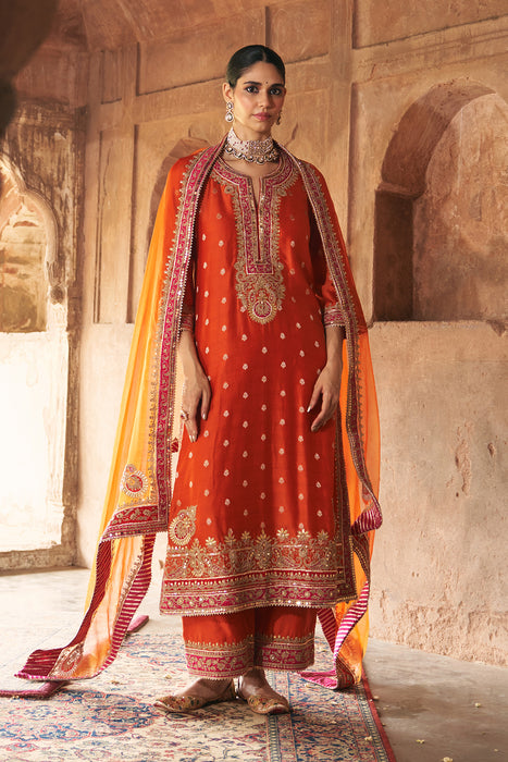 SOBIA - BURNT ORANGE LONG KURTA WITH PALAZZO AND DUPATTA