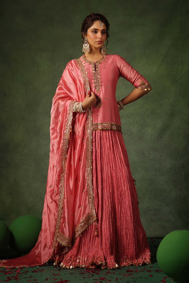 PAKEEZAH ZARDOSI AMBI KURTA LEHENGA GULABI