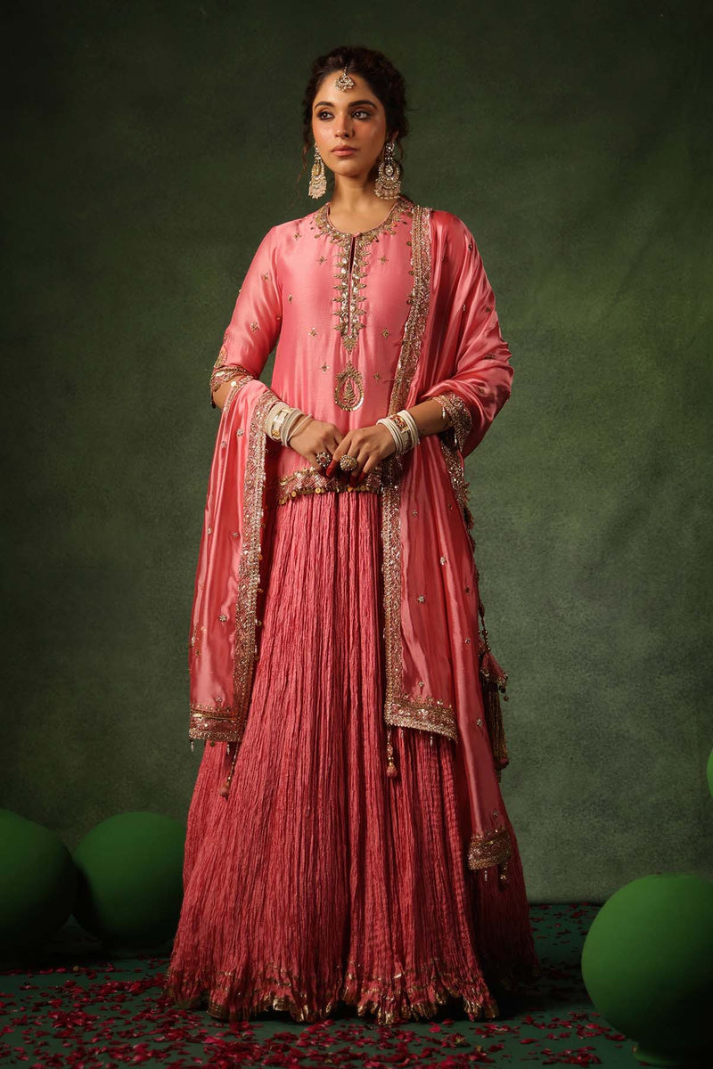 PAKEEZAH ZARDOSI AMBI KURTA LEHENGA GULABI