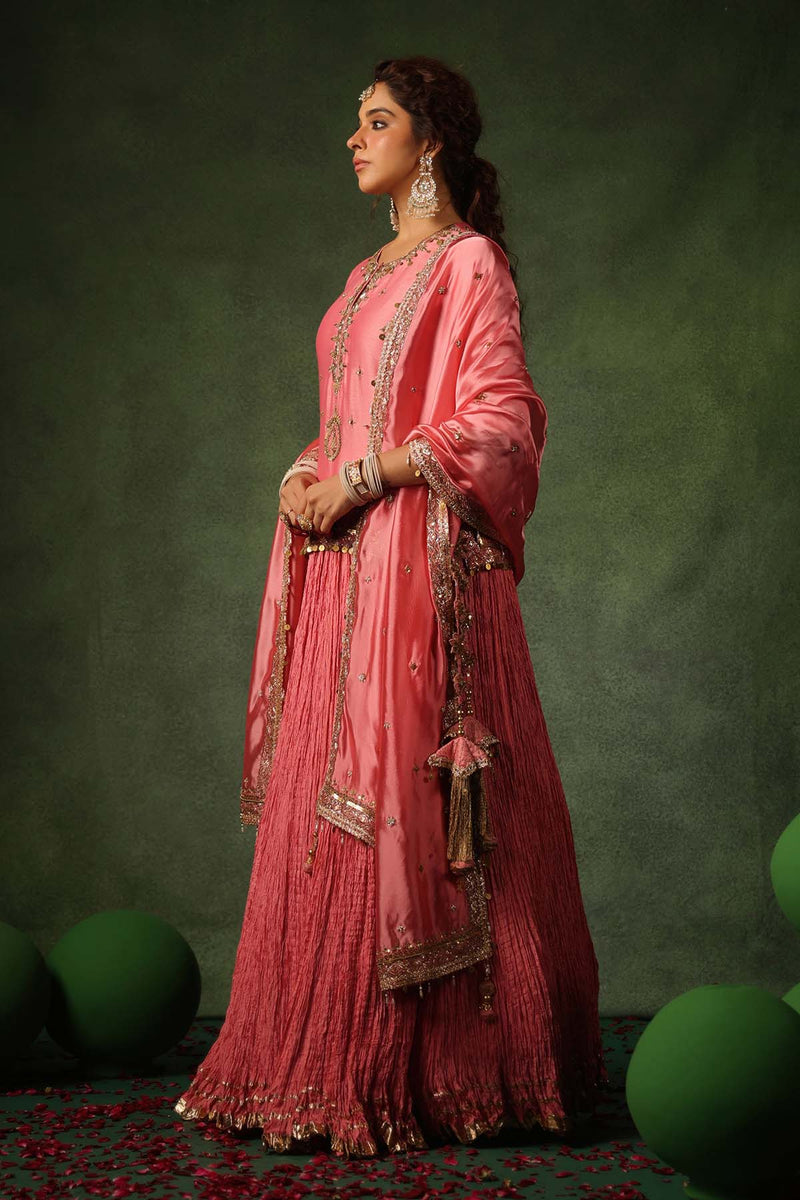 PAKEEZAH ZARDOSI AMBI KURTA LEHENGA GULABI