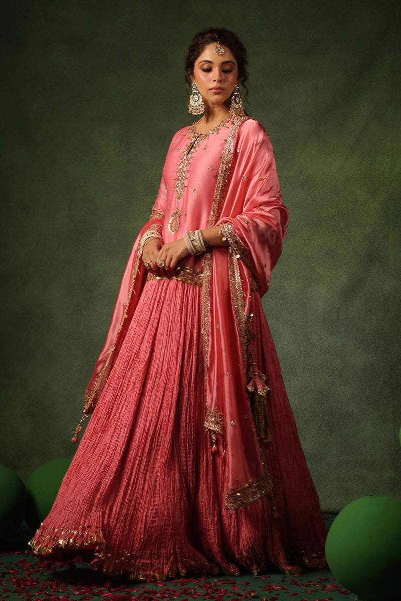 PAKEEZAH ZARDOSI AMBI KURTA LEHENGA GULABI