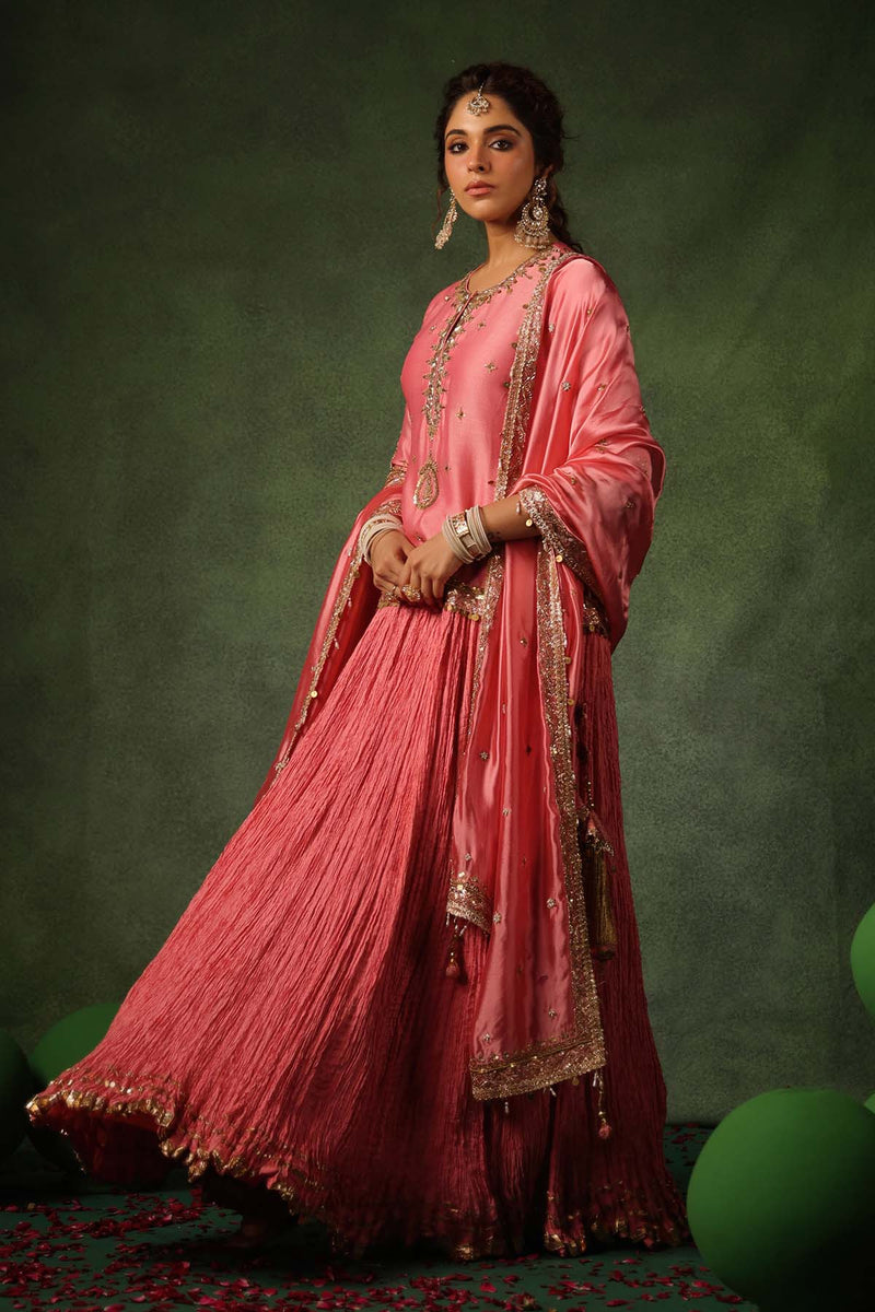 PAKEEZAH ZARDOSI AMBI KURTA LEHENGA GULABI