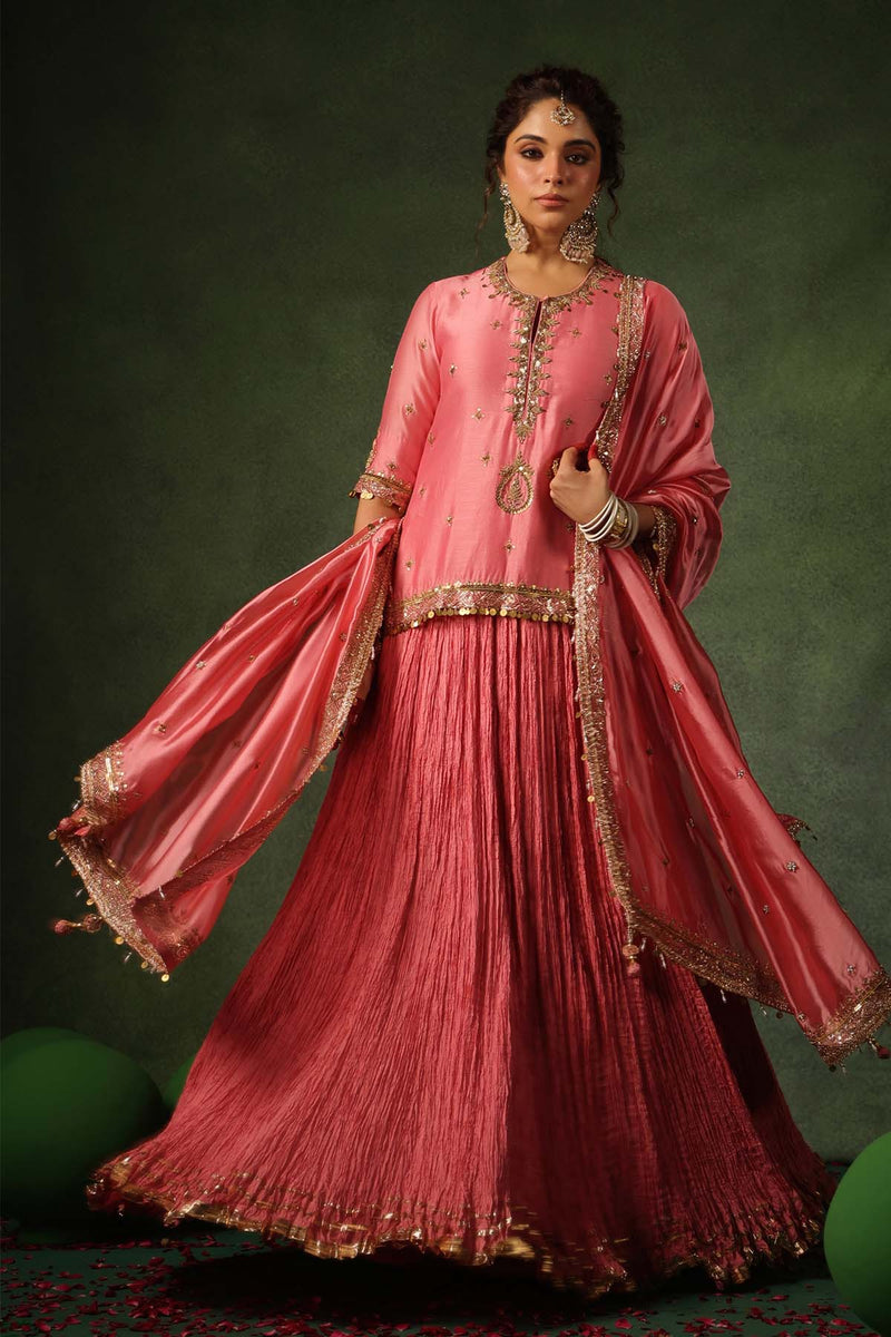 PAKEEZAH ZARDOSI AMBI KURTA LEHENGA GULABI