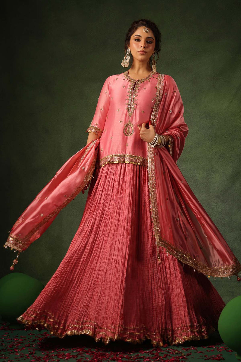 PAKEEZAH ZARDOSI AMBI KURTA LEHENGA GULABI