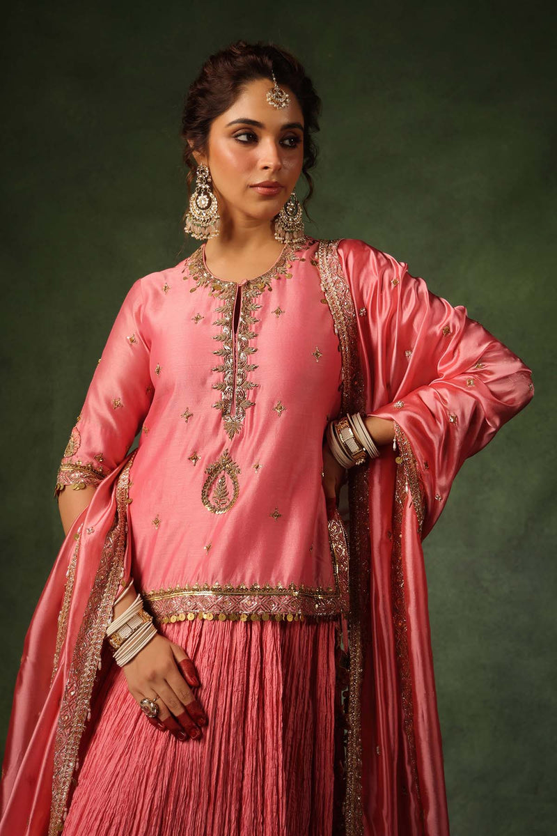 PAKEEZAH ZARDOSI AMBI KURTA LEHENGA GULABI