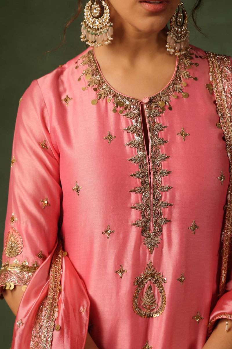 PAKEEZAH ZARDOSI AMBI KURTA LEHENGA GULABI