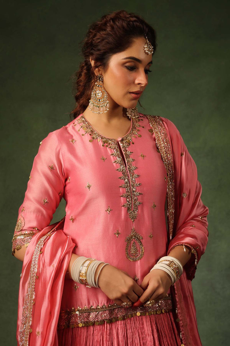 PAKEEZAH ZARDOSI AMBI KURTA LEHENGA GULABI