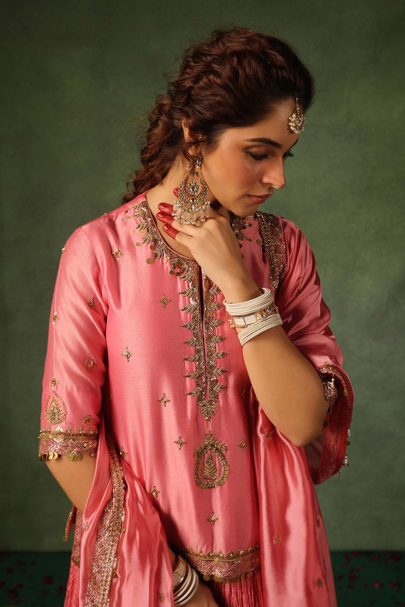 PAKEEZAH ZARDOSI AMBI KURTA LEHENGA GULABI