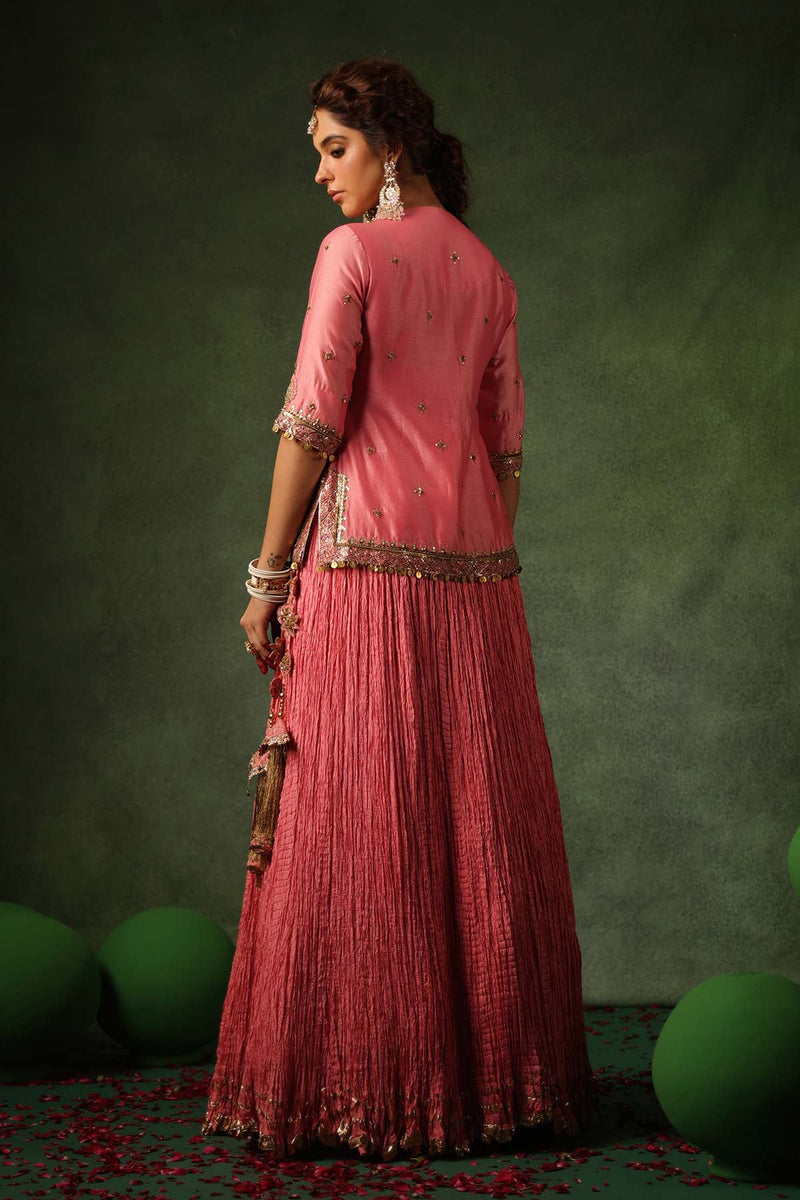 PAKEEZAH ZARDOSI AMBI KURTA LEHENGA GULABI