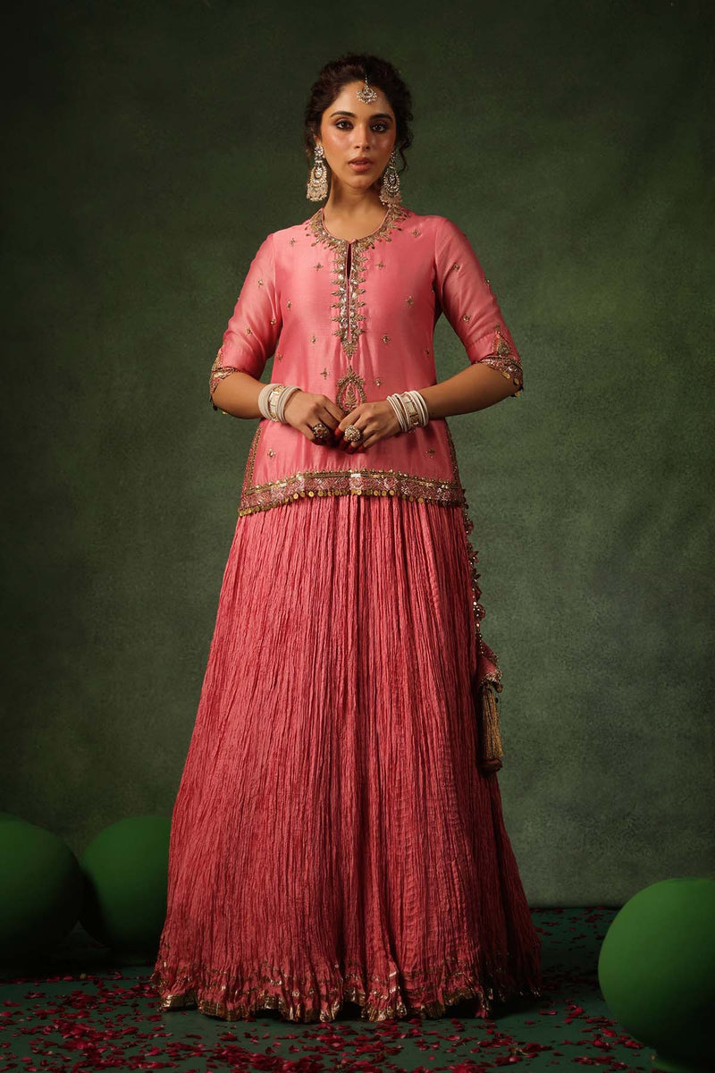 PAKEEZAH ZARDOSI AMBI KURTA LEHENGA GULABI