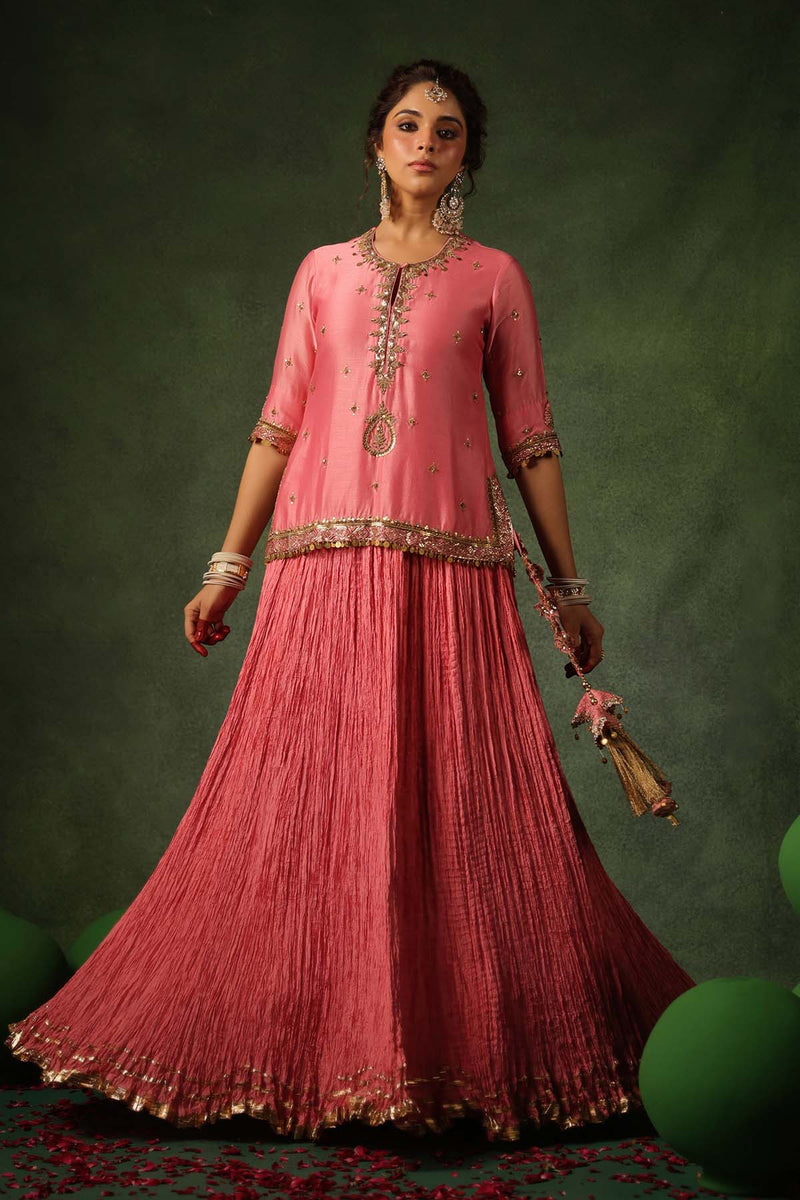 PAKEEZAH ZARDOSI AMBI KURTA LEHENGA GULABI