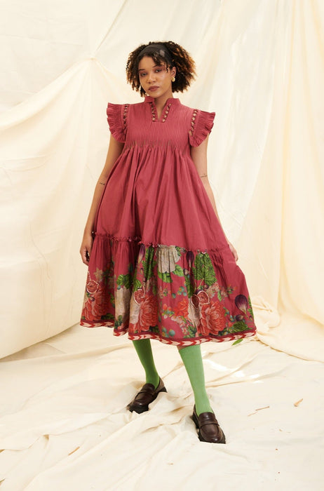 Maroon Poppy Bloom Smocking With Cap Sleeves