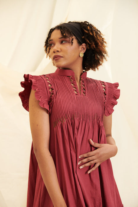 Maroon Poppy Bloom Smocking With Cap Sleeves