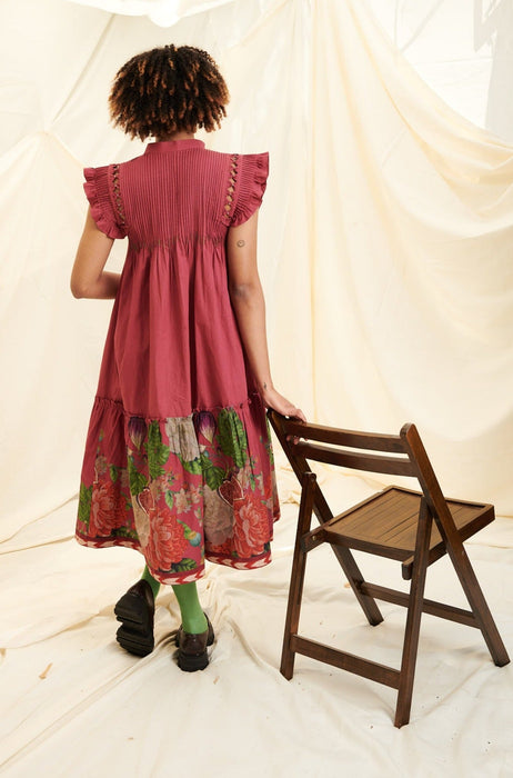 Maroon Poppy Bloom Smocking With Cap Sleeves