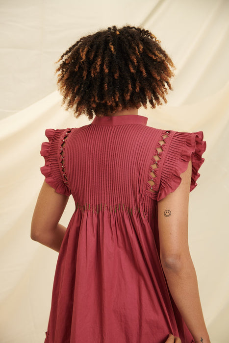 Maroon Poppy Bloom Smocking With Cap Sleeves