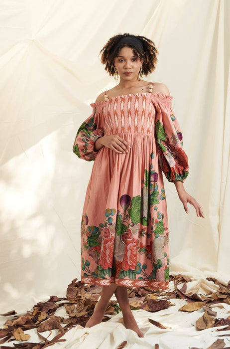 Peach Poppy Bloom Shirring Dress