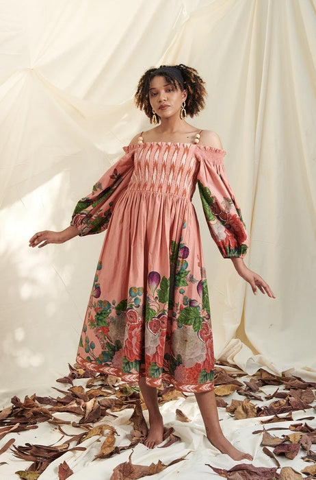 Peach Poppy Bloom Shirring Dress