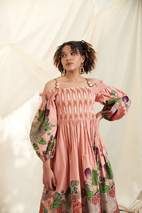 Peach Poppy Bloom Shirring Dress