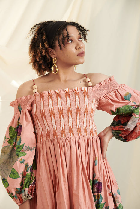 Peach Poppy Bloom Shirring Dress