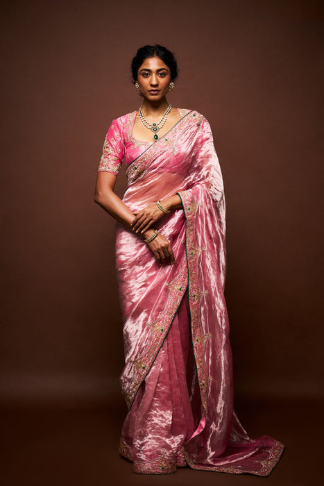 Hiraani tissue saree with blouse - Pastel pink