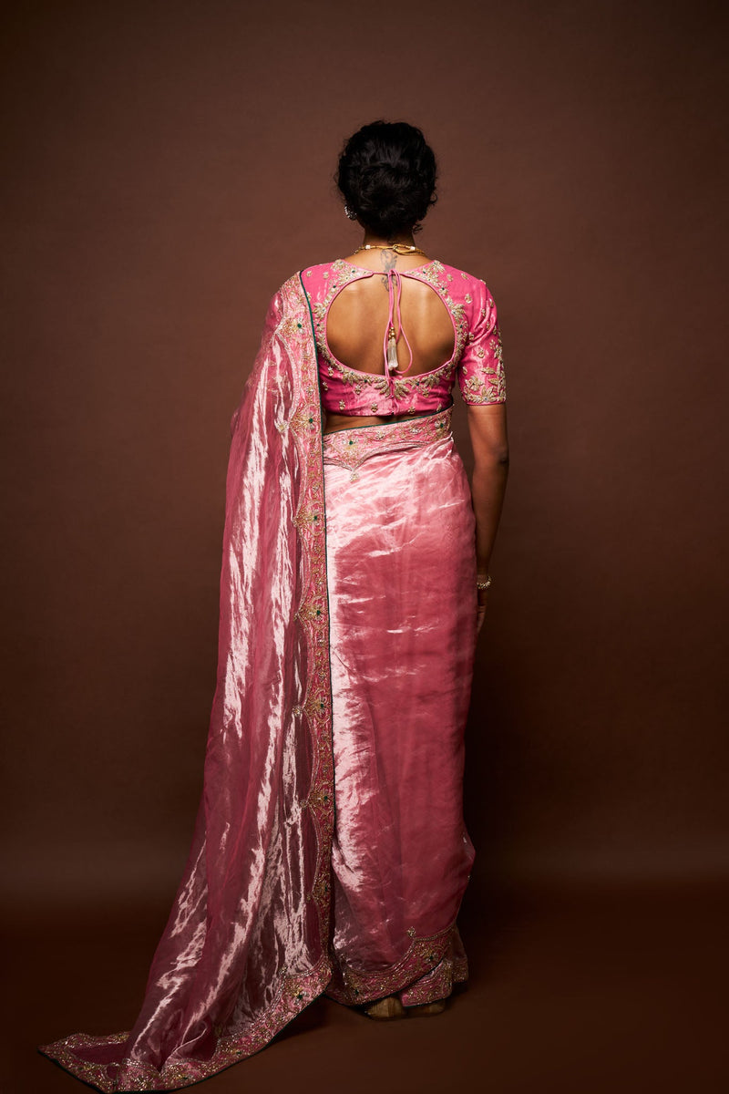 Hiraani tissue saree with blouse - Pastel pink