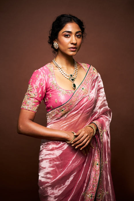 Hiraani tissue saree with blouse - Pastel pink