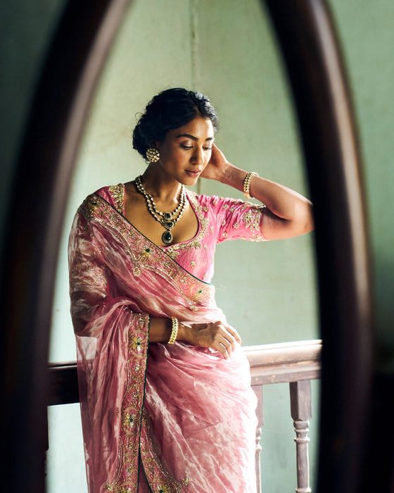 Hiraani tissue saree with blouse - Pastel pink