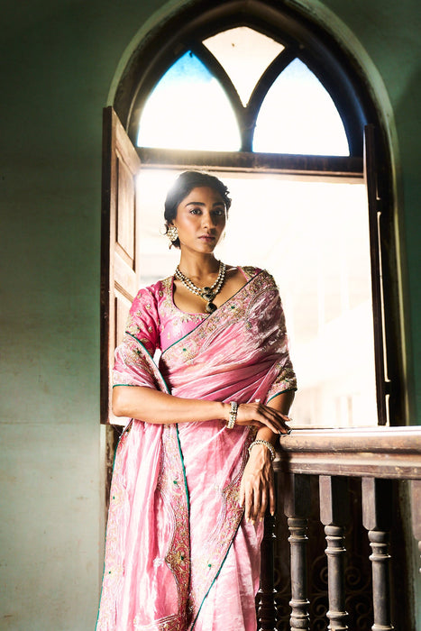 Hiraani tissue saree with blouse - Pastel pink