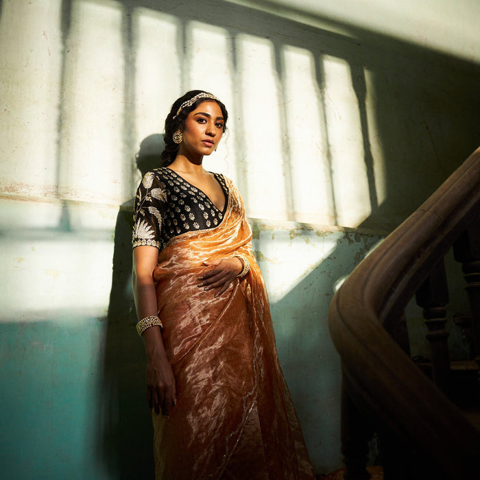 Ishara printed tissue saree with blouse - orange