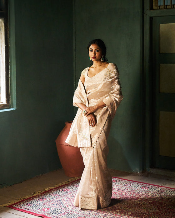 Elara tissue saree with blouse - Oyester Beige