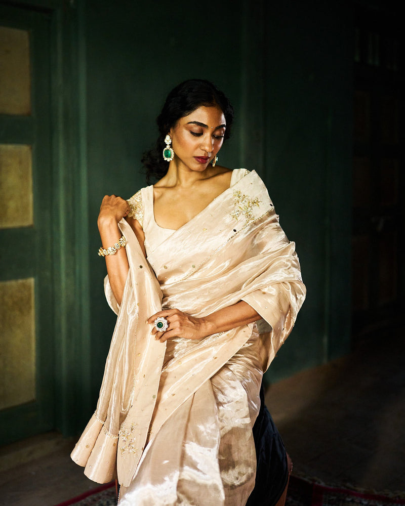 Elara tissue saree with blouse - Oyester Beige