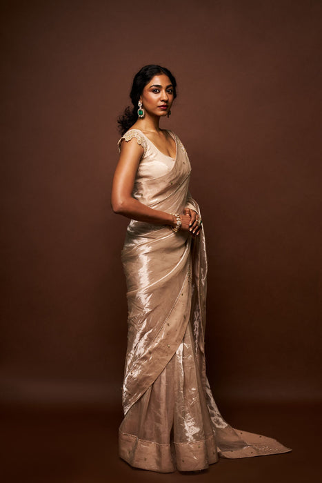 Elara tissue saree with blouse - Oyester Beige