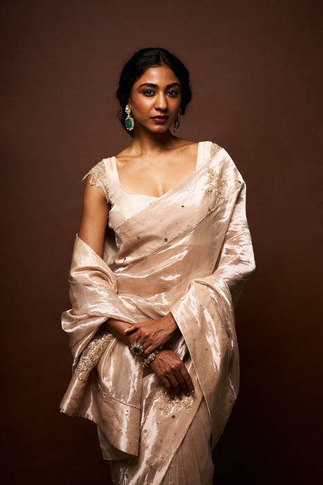 Elara tissue saree with blouse - Oyester Beige