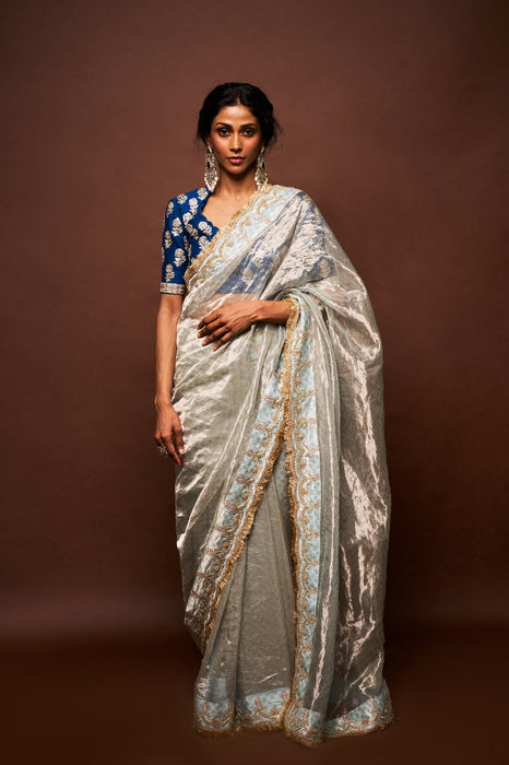 Trishi printed tissue saree with blouse - bluish Grey