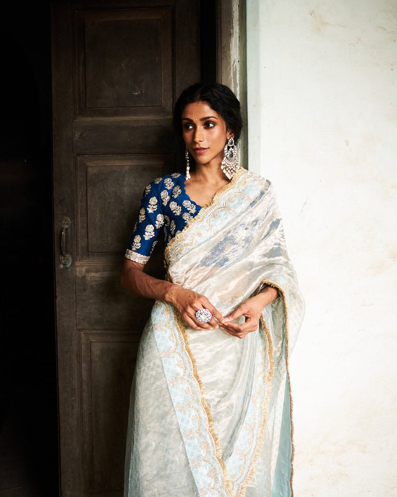Trishi printed tissue saree- Bluish Grey