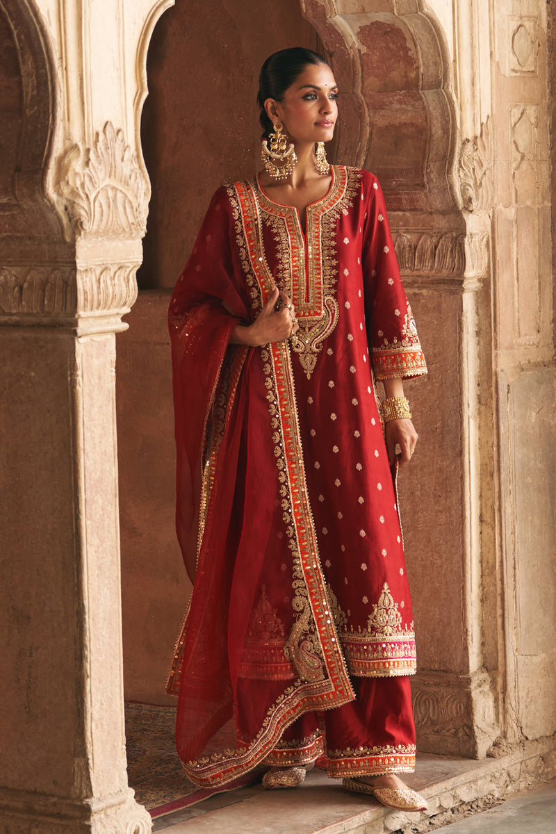 SUMAIRA - DEEP RED LONG KURTA WITH PALAZZO AND DUPATTA