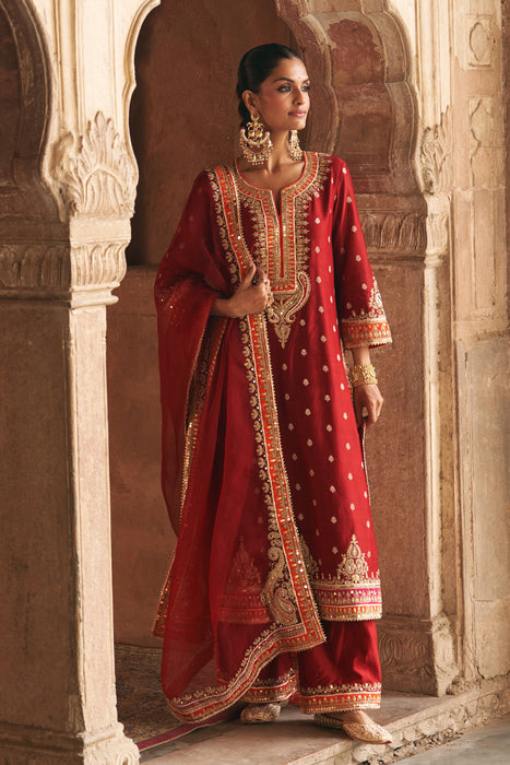 SUMAIRA - DEEP RED LONG KURTA WITH PALAZZO AND DUPATTA