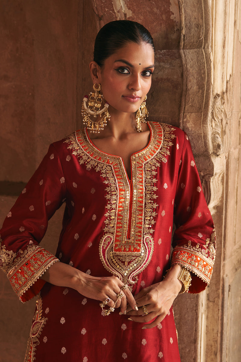SUMAIRA - DEEP RED LONG KURTA WITH PALAZZO AND DUPATTA