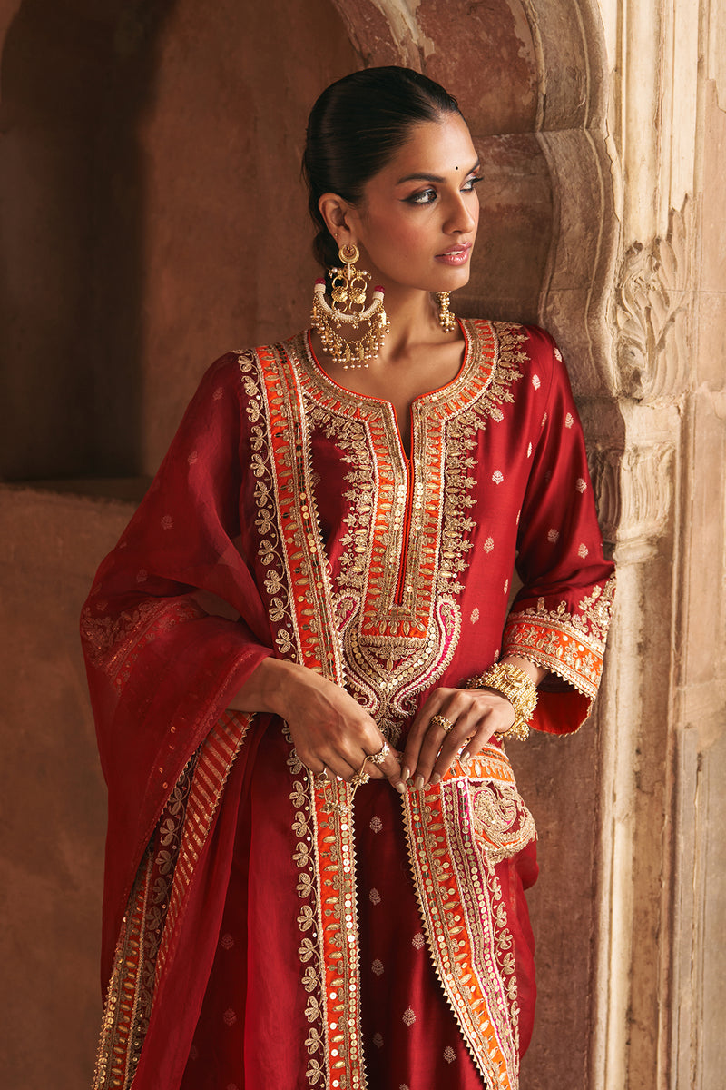 SUMAIRA - DEEP RED LONG KURTA WITH PALAZZO AND DUPATTA