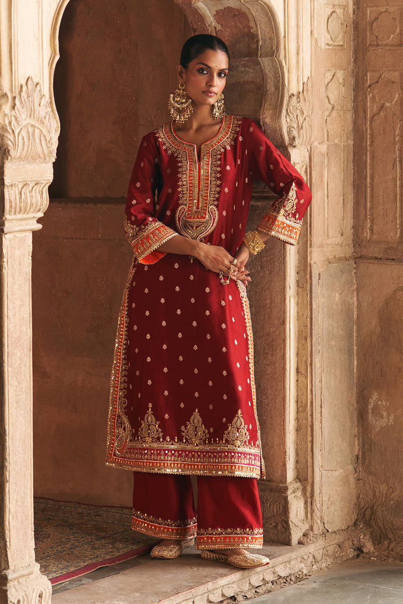 SUMAIRA - DEEP RED LONG KURTA WITH PALAZZO AND DUPATTA