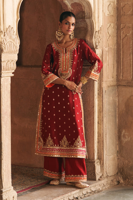 SUMAIRA - DEEP RED LONG KURTA WITH PALAZZO AND DUPATTA