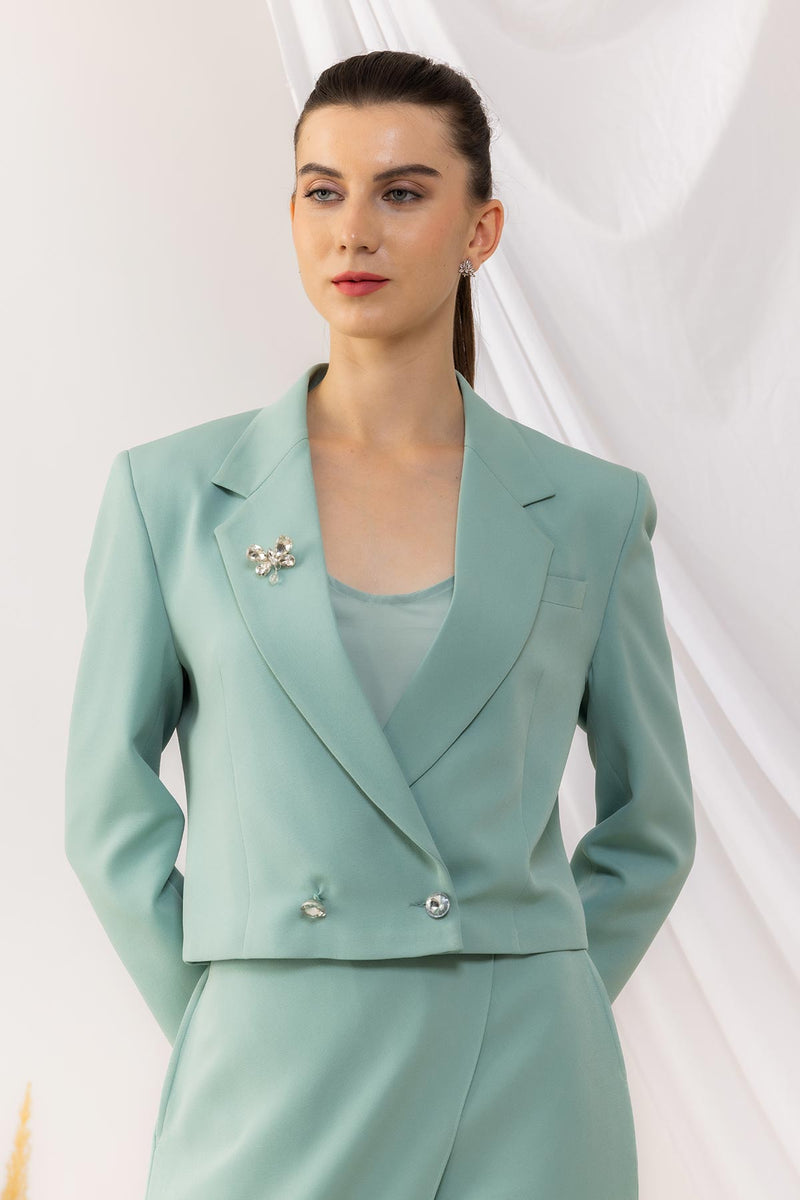 Sea Green Double Breasted Blazer With Crystal Buttons And Brooch