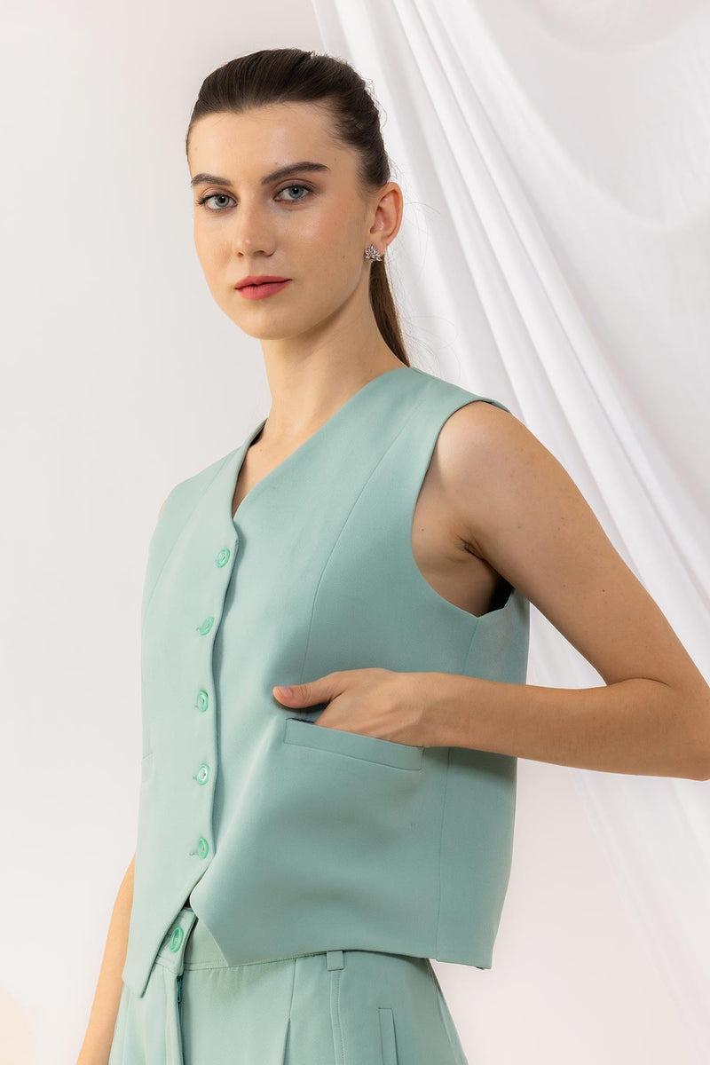 Sea Green Front Button Waist Coat