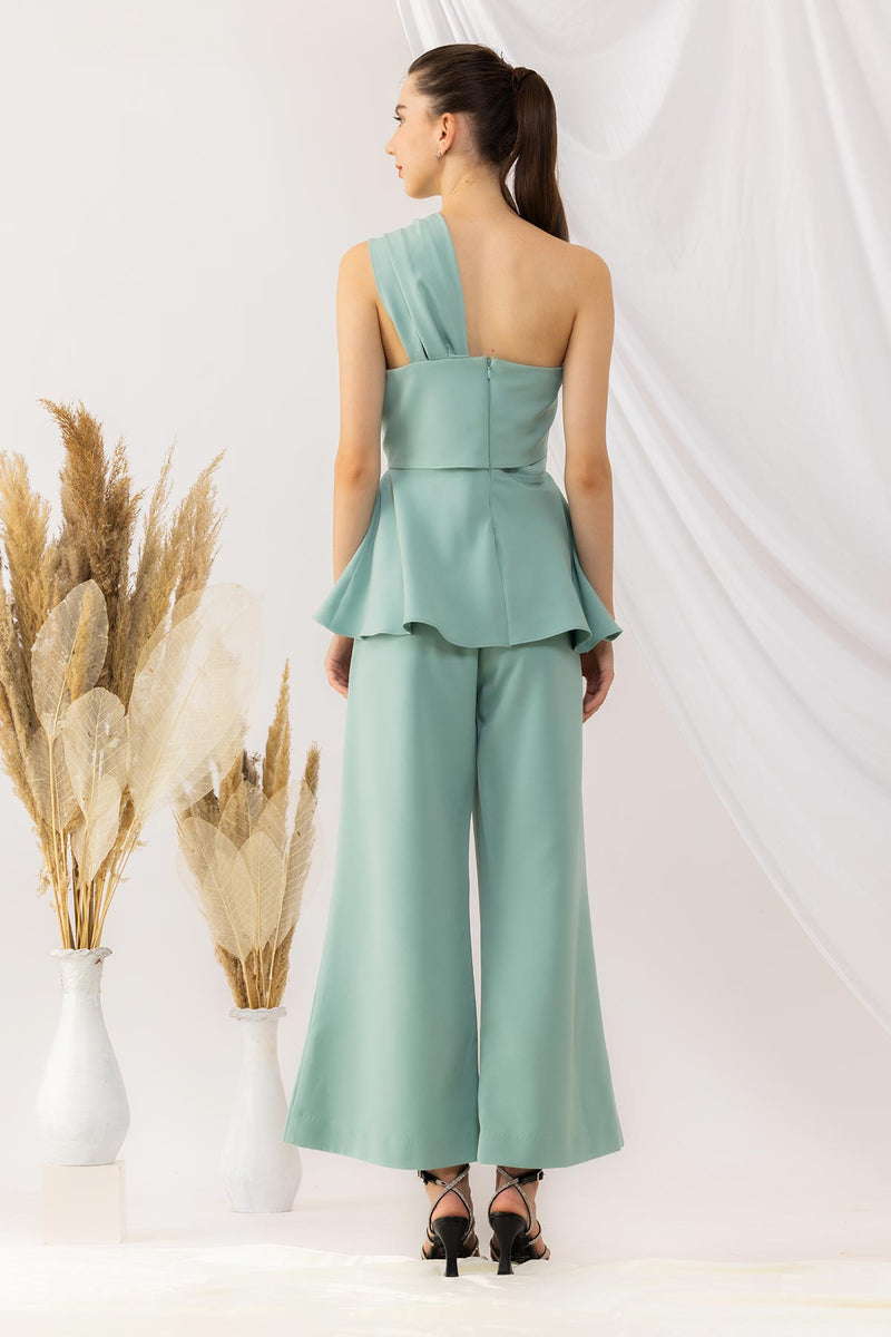 Sea Green One Shoulder Peplum Top With Flared pant