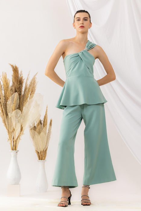 Sea Green One Shoulder Peplum Top With Flared pant