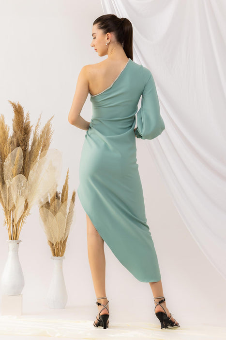 Sea Green One Sleeve Off Shoulder Asymmetrical Dress