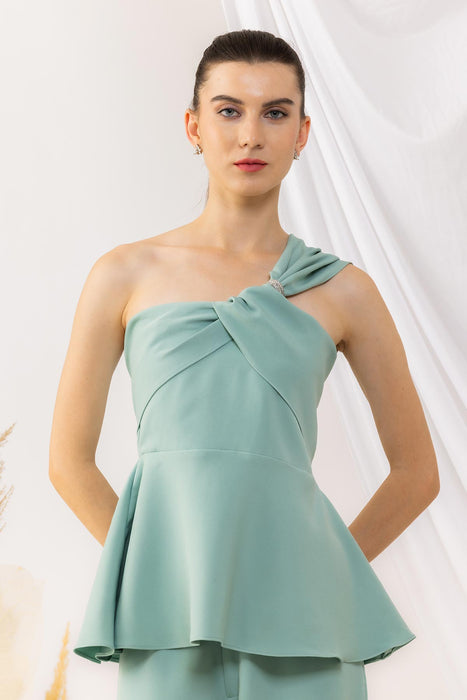 Sea Green Peplum Style Off Shoulder Knot Top With Diamante