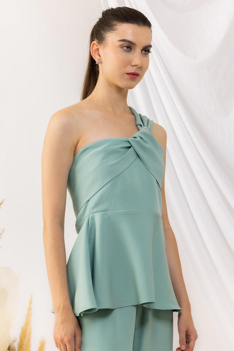 Sea Green Peplum Style Off Shoulder Knot Top With Diamante