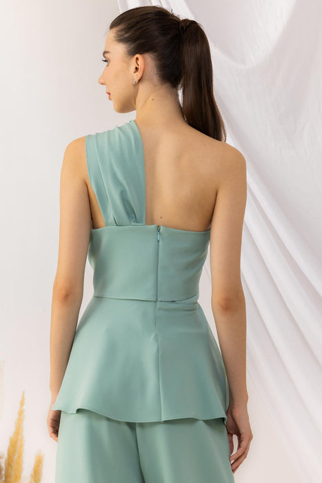 Sea Green Peplum Style Off Shoulder Knot Top With Diamante